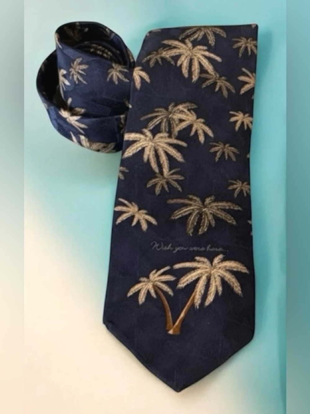 Mens Satin Navy Palm Tree Pattern Tie - Blue and Gold